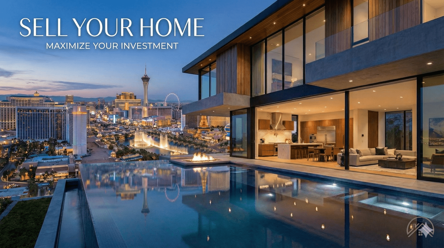Luxury modern house with an infinity pool overlooking Las Vegas skyline at sunset, with city lights and famous landmarks visible in the background.