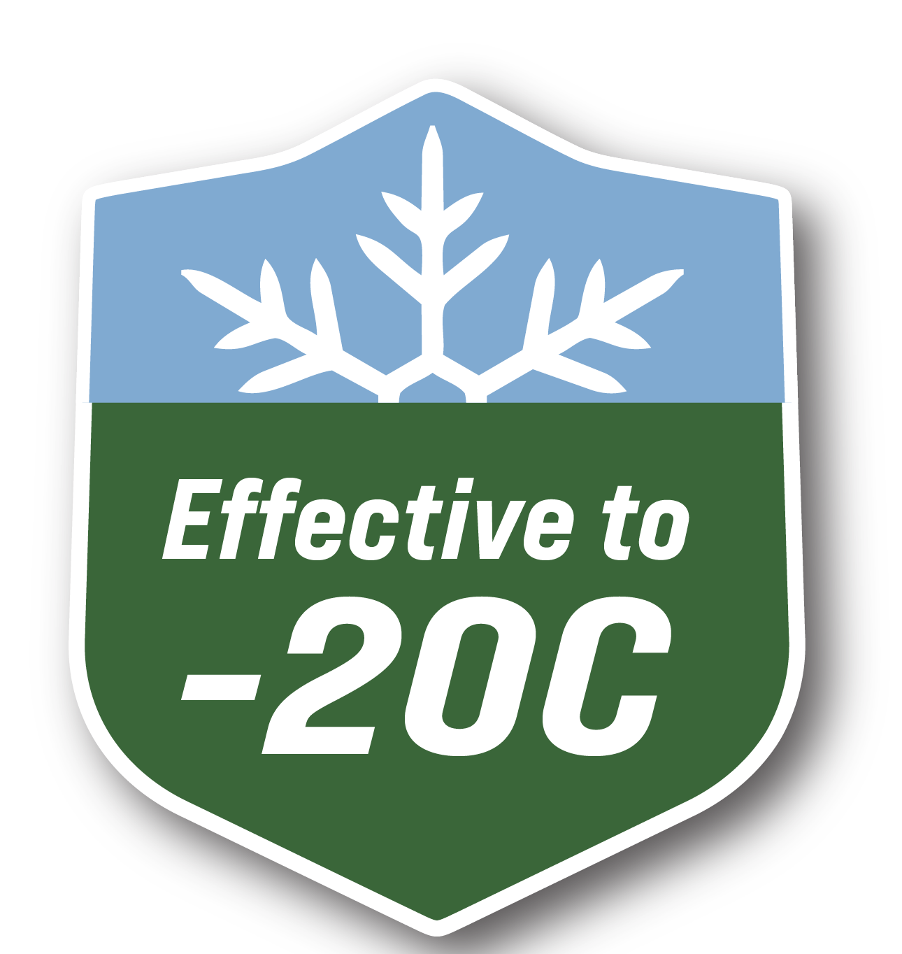 A shield-shaped sign indicating the effective temperature limit of -20°C, with a snowflake icon at the top and text in the middle