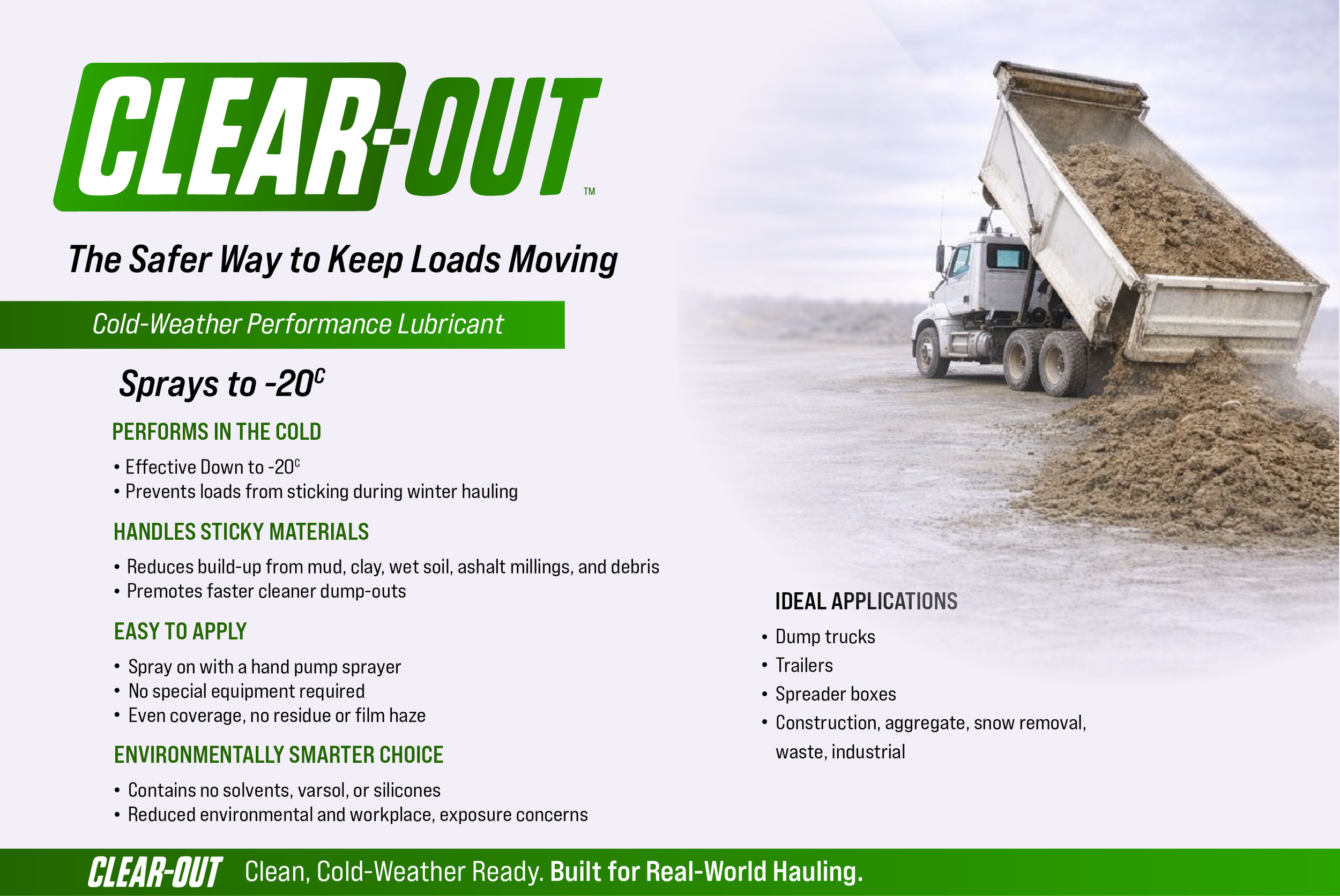 A promotional flyer for Clear-Out, a cold-weather lubricant in spray form, featuring a dump truck unloading soil or gravel on an open construction site, with the truck's bed raised and the soil flowing out.