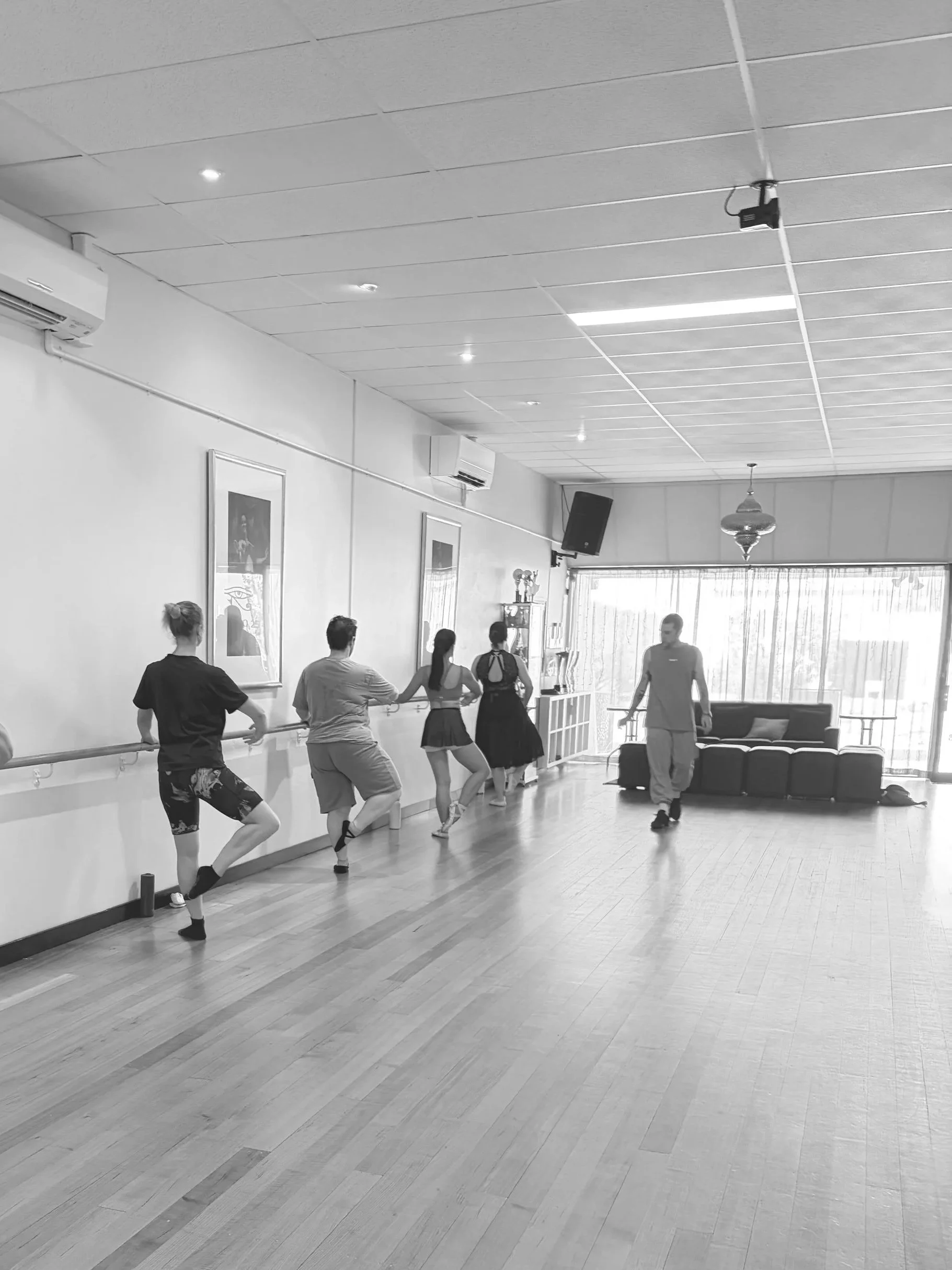 Ballet class with students practicing at the barre in a dance studio with framed artwork on the wall, wooden floor, and large windows at the back.