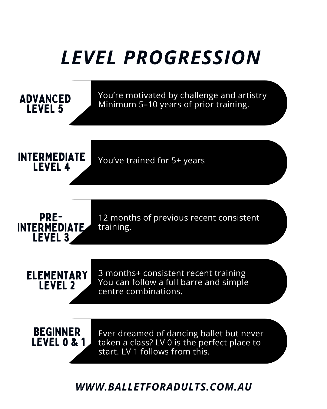 Dance level progression chart with five levels: Beginner Level 0 & 1, Elementary Level 2, Pre-Intermediate Level 3, Intermediate Level 4, Advanced Level 5, each with descriptions about training duration and skills.