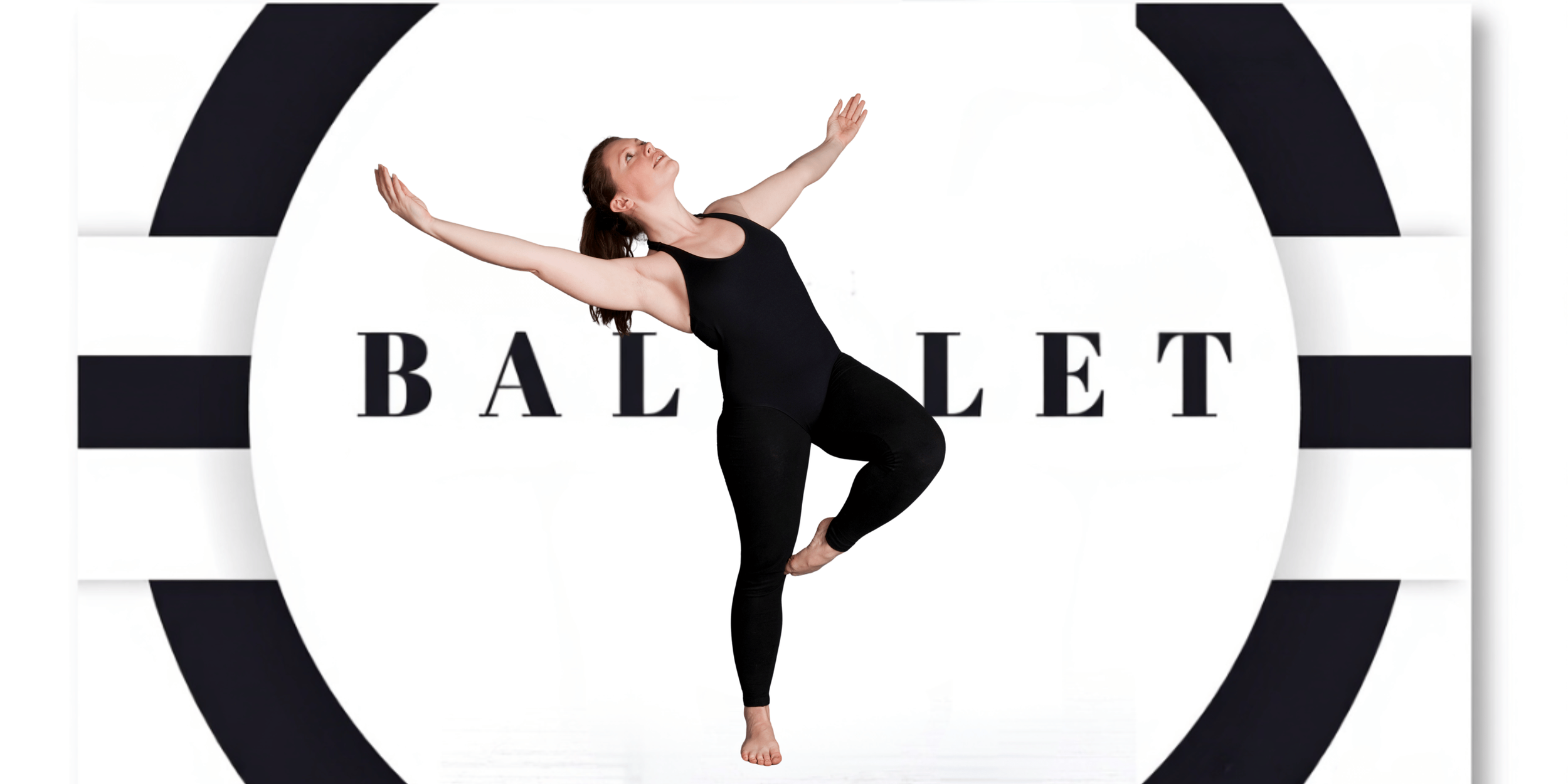 A woman in black dance attire performing a ballet pose on stage in front of a backdrop with the word 'BALLET' and black and white stripes.