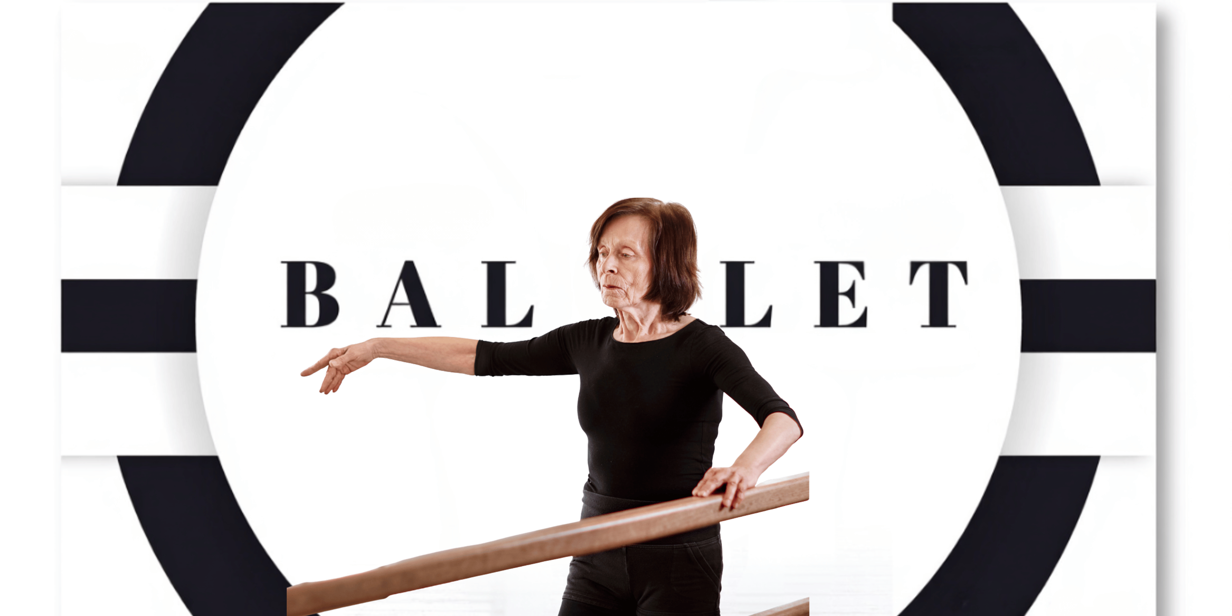 Older woman practicing ballet at the barre inside a dance studio, with the word 'BALLET' displayed in large letters behind her.