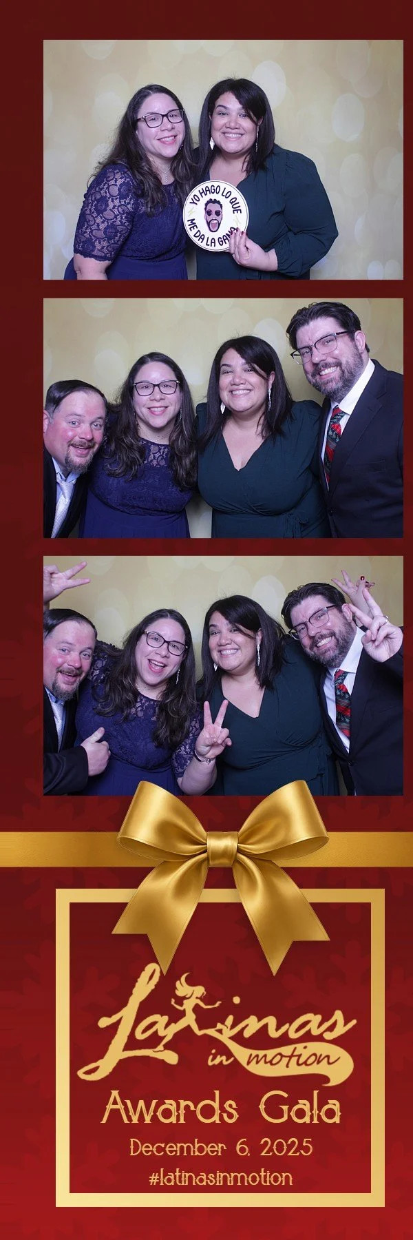 Photo strip from the Latinas in Motion Awards Gala, showing three groups of women and men posing together with playful gestures, with a red and gold themed background and a golden bow at the bottom.