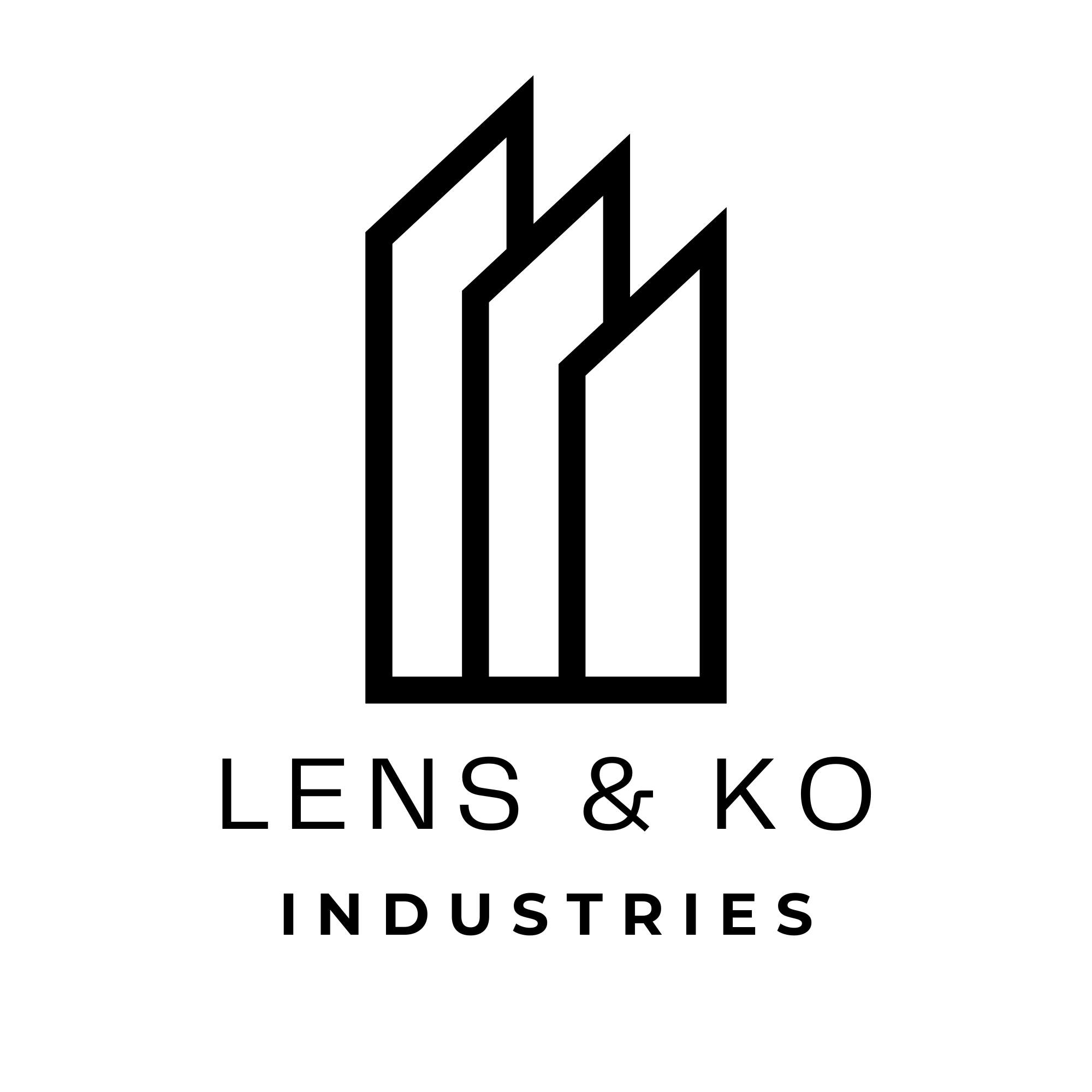A black and white logo with three stylized rectangular shapes resembling books, stacked next to each other, with the text 'LENS & KO INDUSTRIES' below.