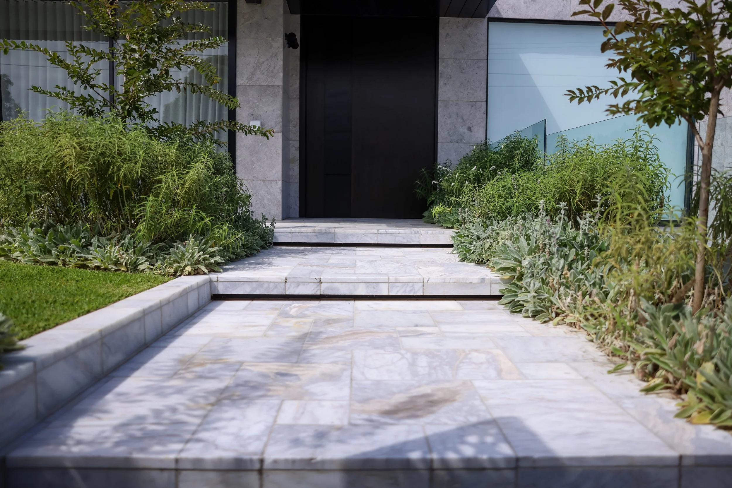 Modern house entrance with white marble steps, surrounded by green plants and bushes on both sides, with a black door at the top of the stairs.