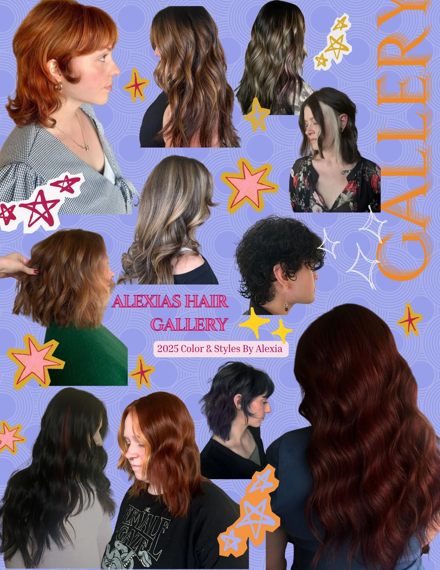 Collage showcasing various hairstyles and hair colors for a hair gallery by Alexia, with playful star and sparkle illustrations on a blue patterned background. Includes text 'ALEXIAS HAIR GALLERY' and '2025 Color & Styles By Alexia'.