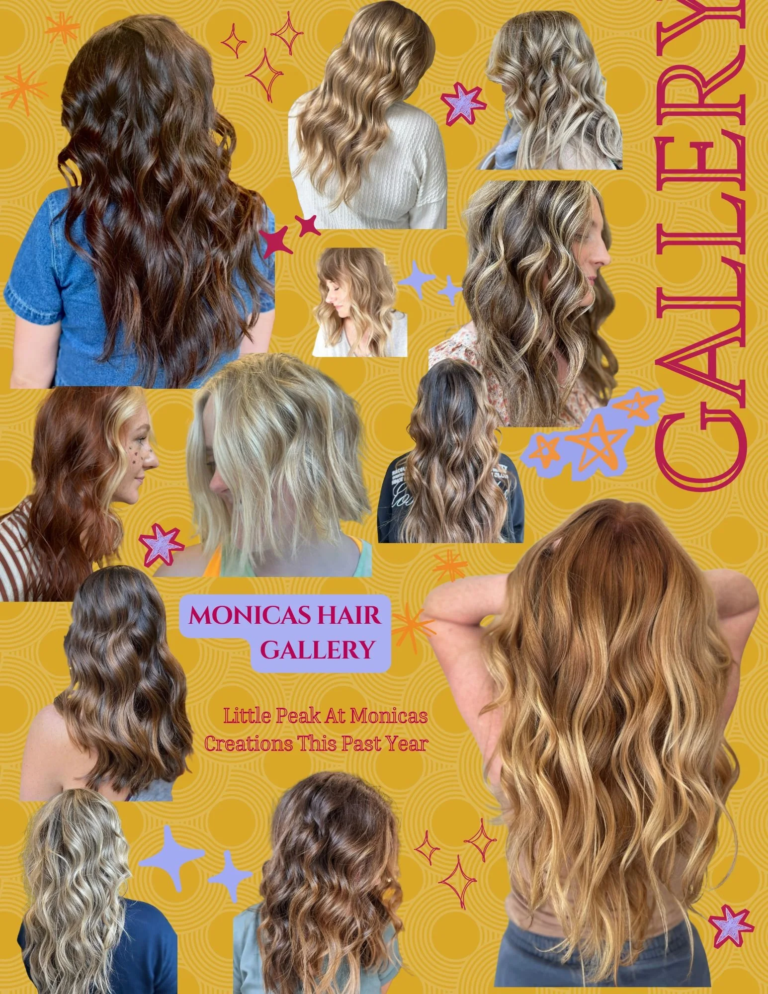 Collage of multiple women with different hairstyles, showcasing various hair colors and waves, with text overlays about a hair gallery and salon.