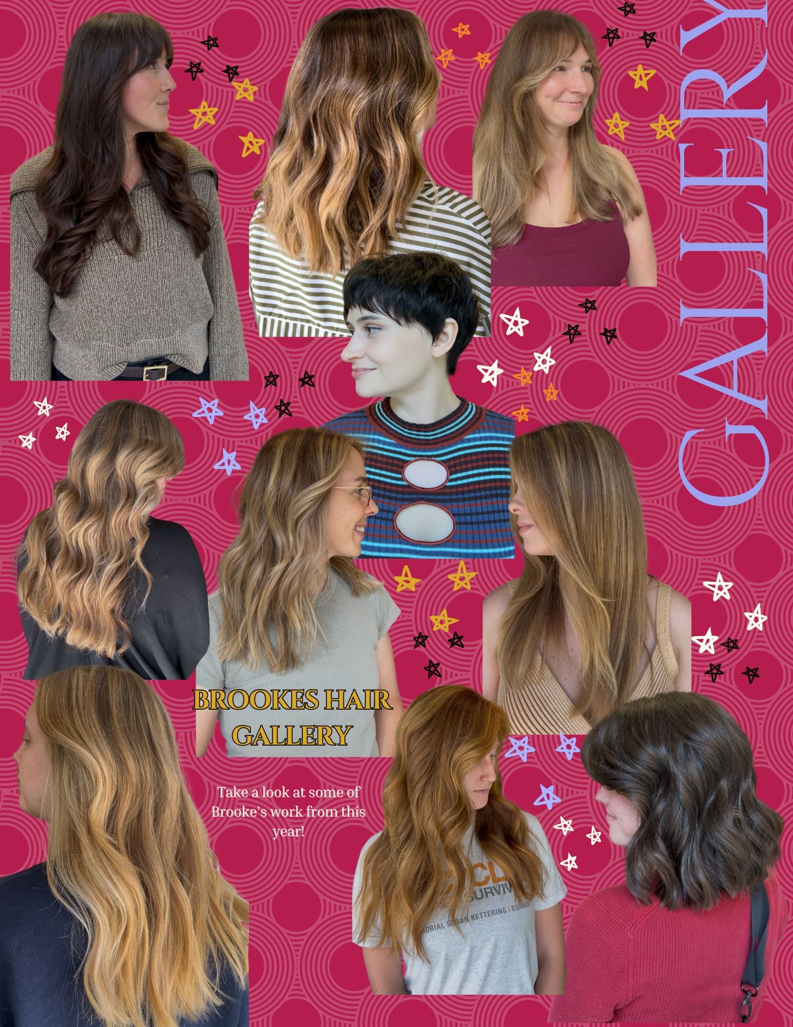 Collage of women showcasing various hairstyles on a red background with stars, surrounded by text reading 'GALLERY' and 'BROOKES HAIR GALLERY'.