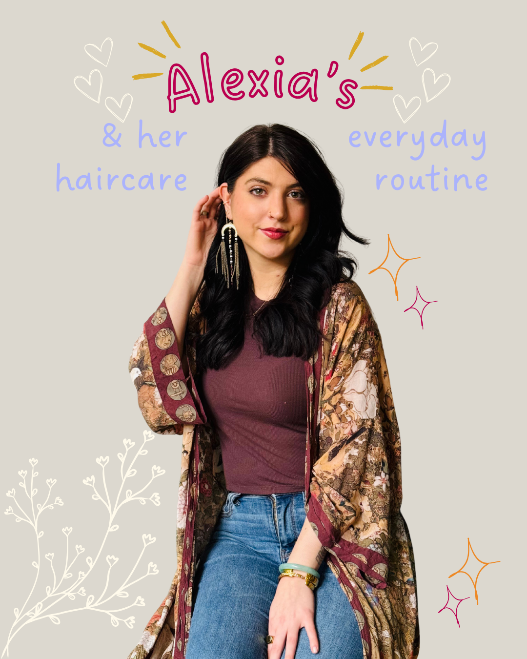 A woman with long dark hair wearing earrings, a maroon top, and a floral kimono, posing with her hand near her ear against a beige background with text and decorative illustrations.