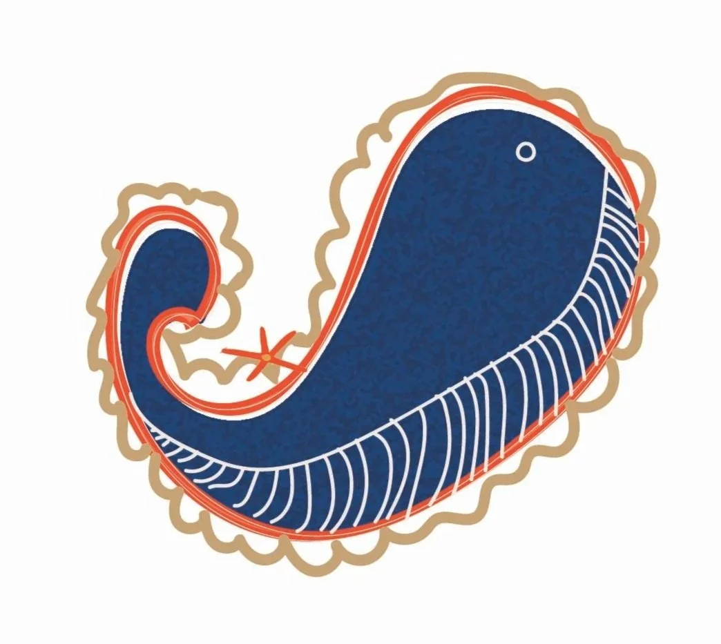 A stylized illustration of a whale, depicted in blue, red, beige, and white.