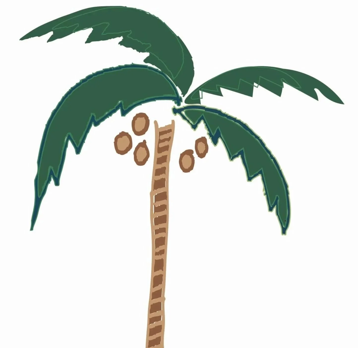 Illustration of a palm tree with a brown trunk, green fronds, and coconuts, with the sea gently lapping at the shore.