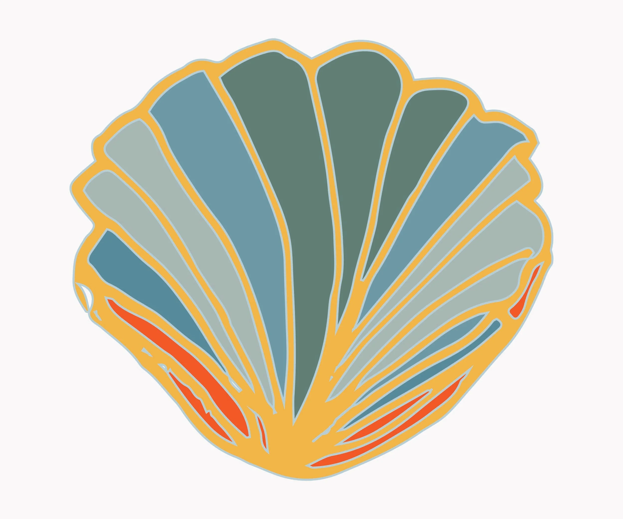 An illustration of a scallop shell with various shades of blue, green, and a hint of orange along the edges.