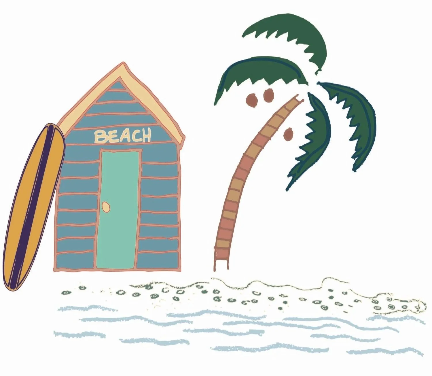 A beach hut with the word 'BEACH' written on it, a surfboard leaning against the hut, a palm tree, and some water with small waves.