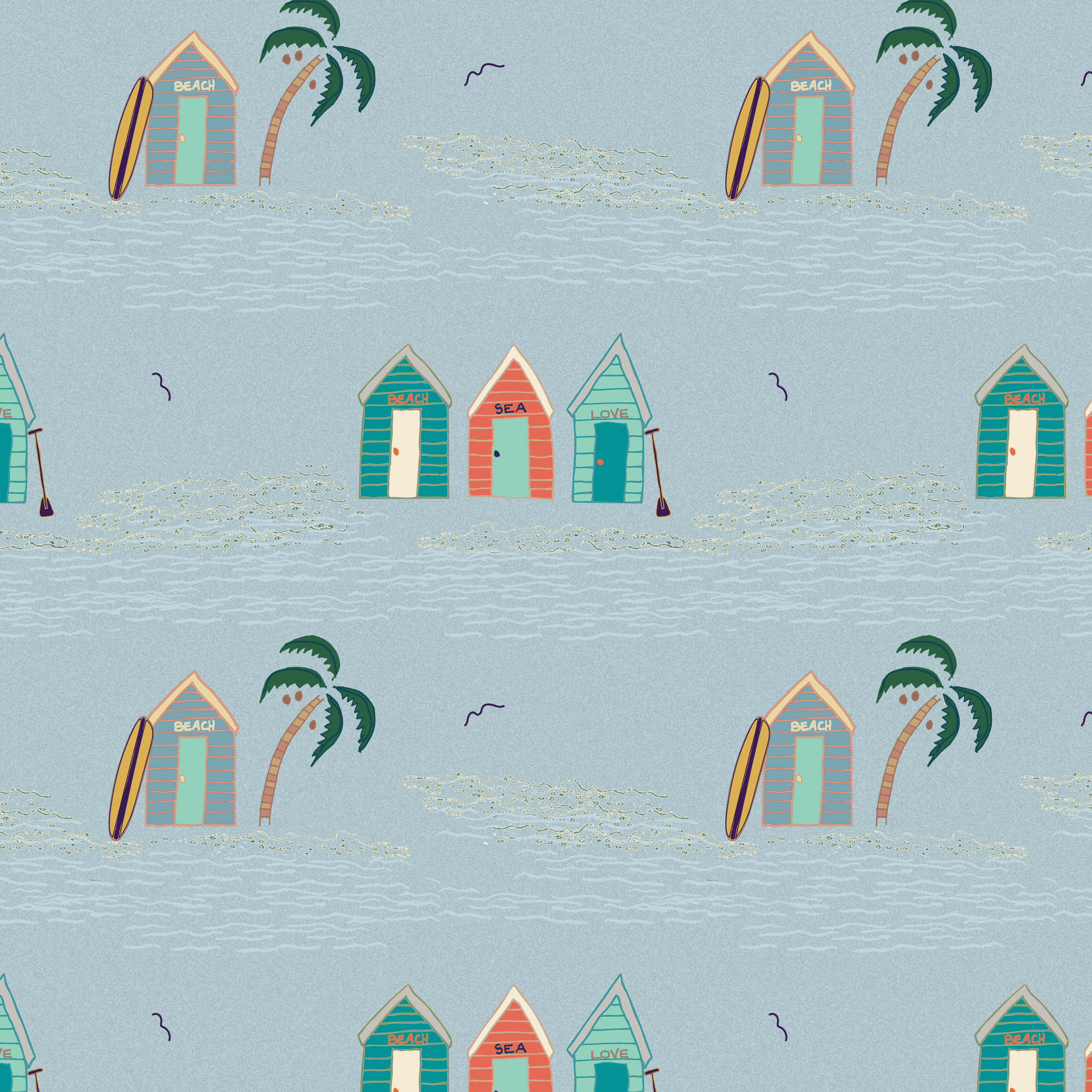Repeating pattern of colorful beach huts with surfboards and palm trees on sandy beaches, with the words 'BEACH,' 'SEA,' and 'LOVE' on some huts, set against a light blue background.