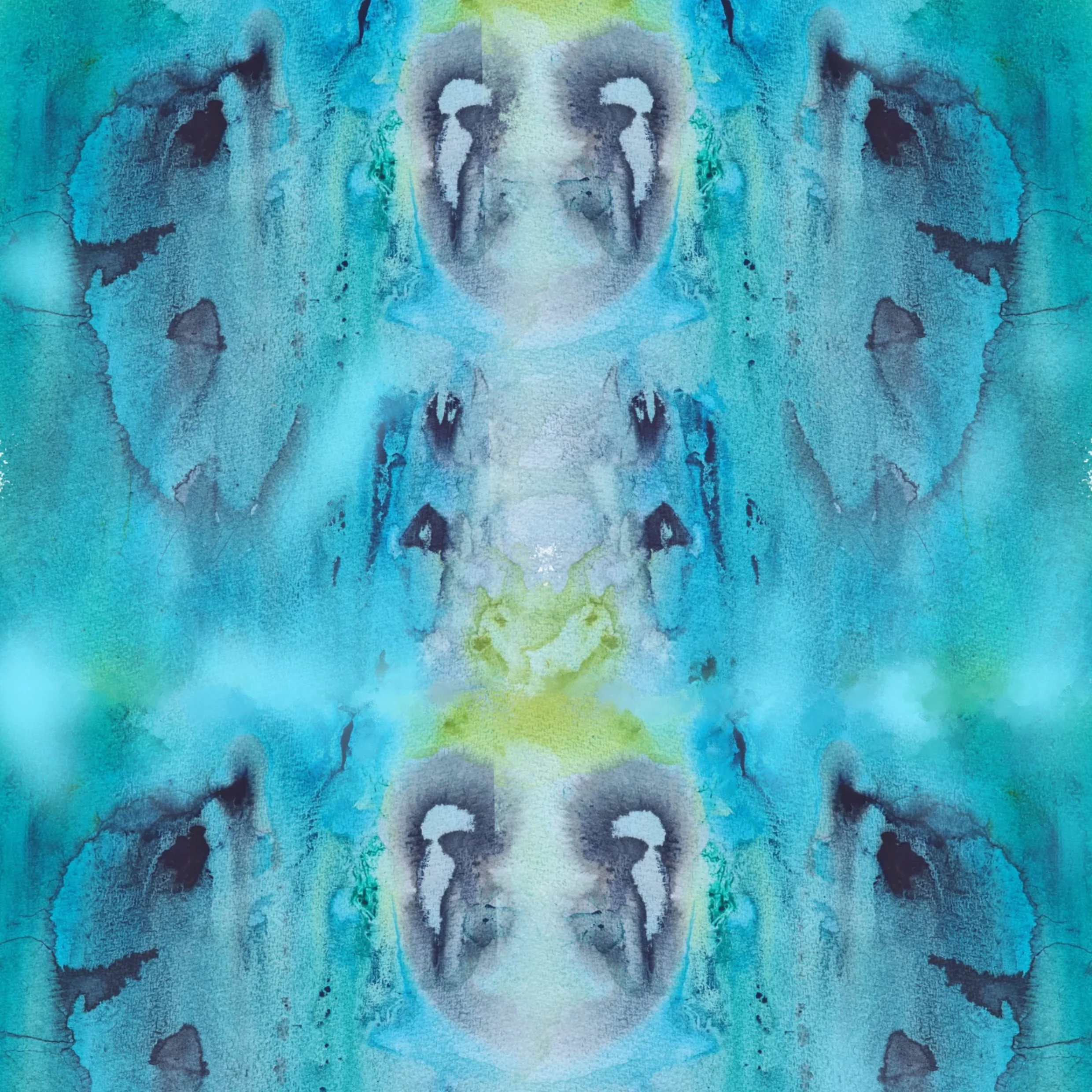 Symmetrical watercolor painting with shades of blue, green, and black, creating abstract shapes and patterns that resemble reflections.