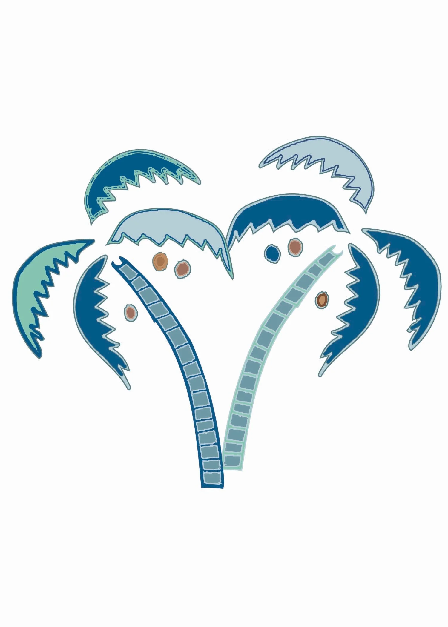 Illustration of a two palm trees with blue and teal leaves.