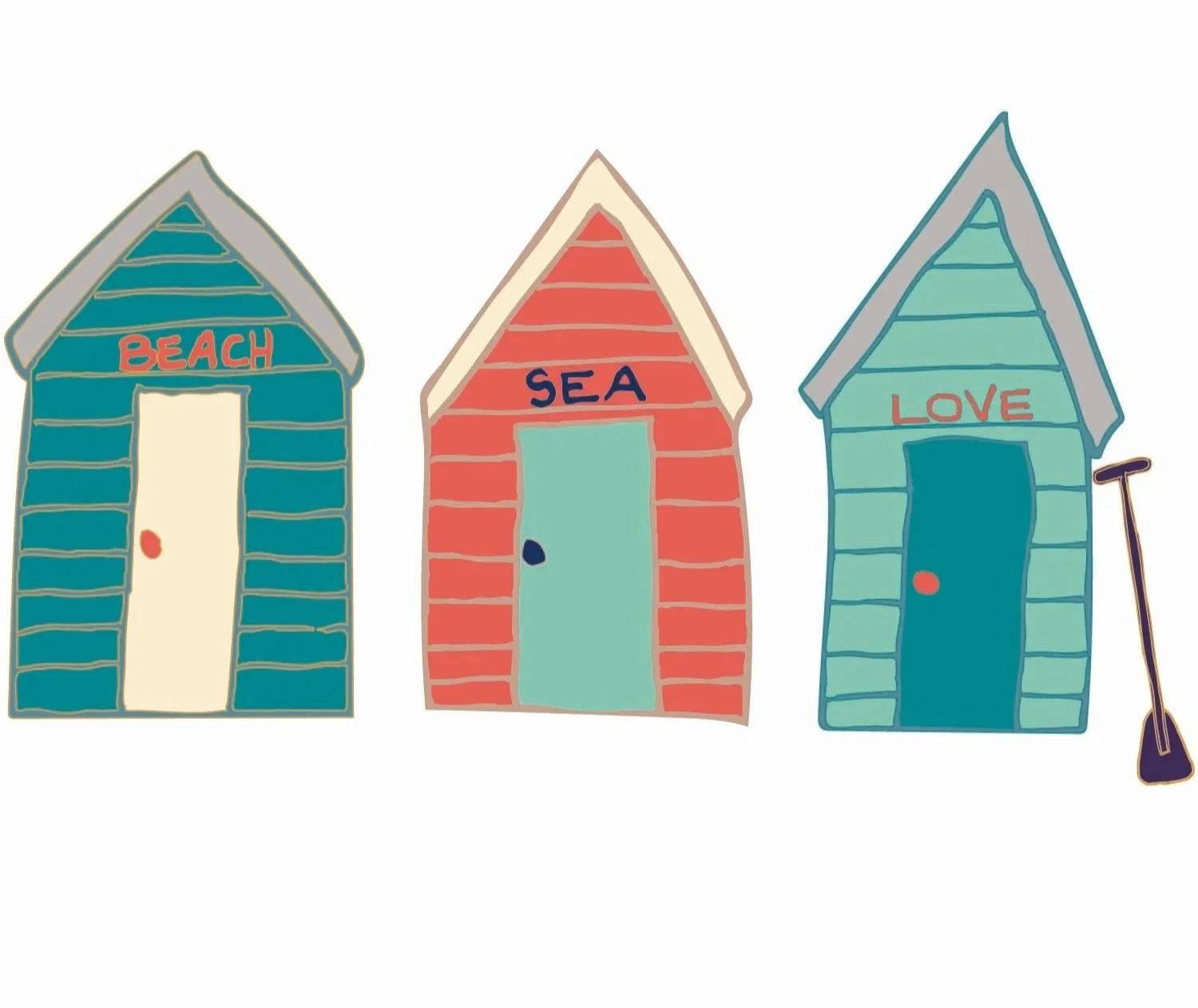 Three colorful beach huts with words "BEACH", "SEA", and "LOVE" written on them, with a paddle leaning against the third hut.