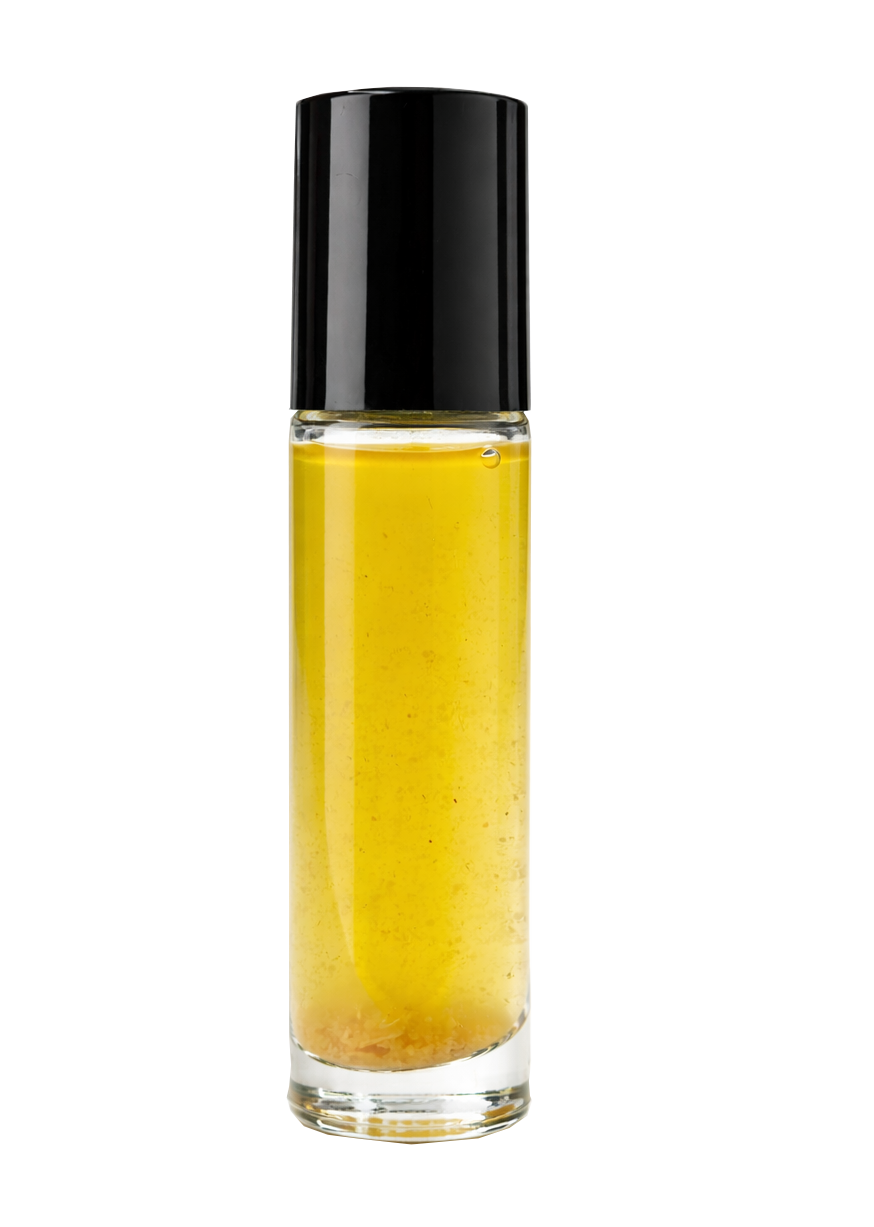 A small glass bottle of yellow oil with a black cap.