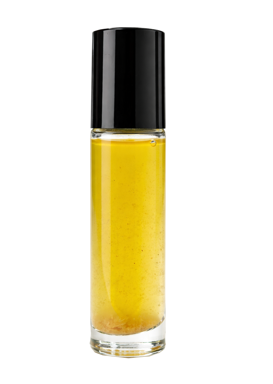 A glass bottle filled with yellow liquid, topped with a black cap.