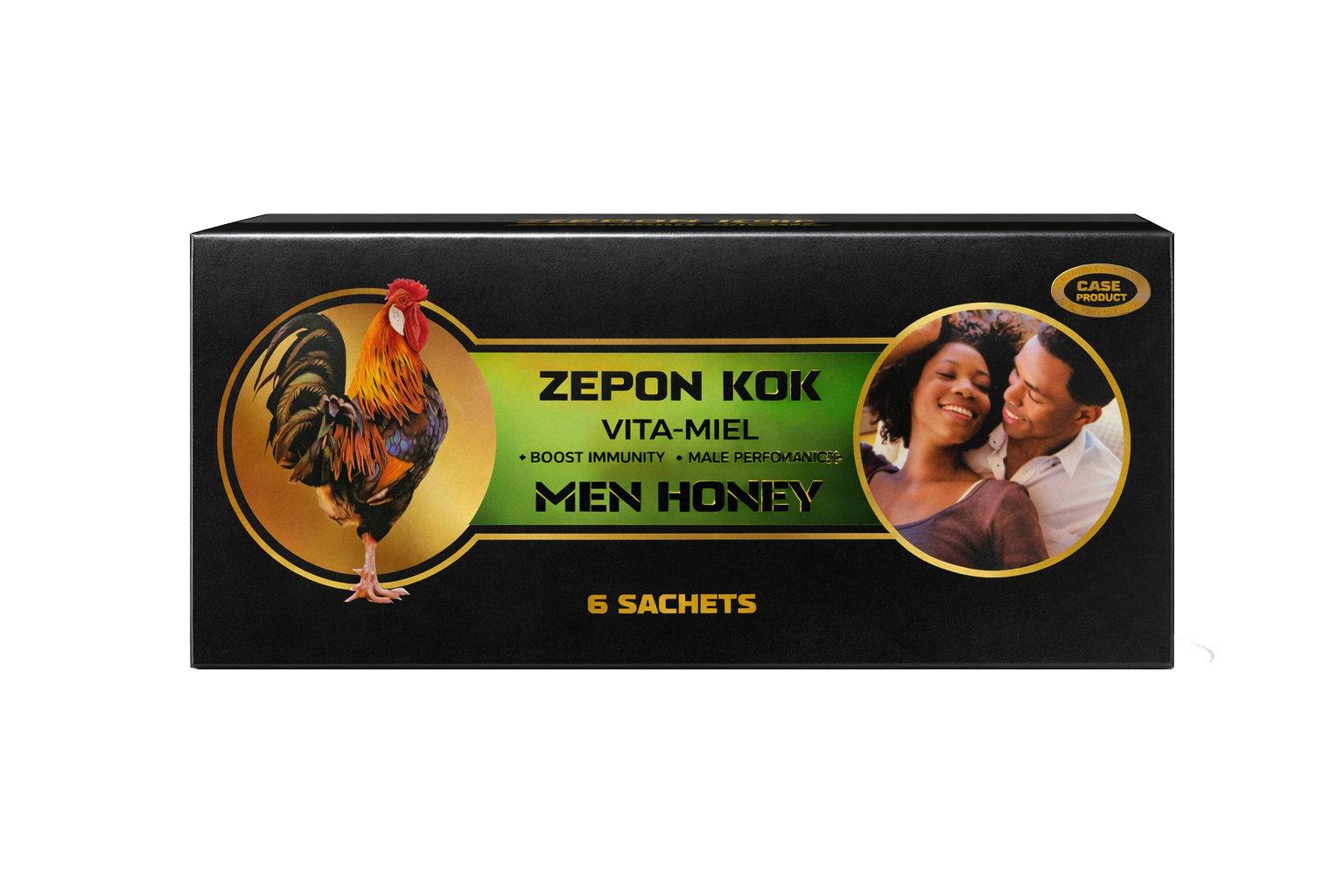 Black box of Zepon Kok Vita-Miel honey sachets with a rooster illustration on the left, a picture of a smiling couple on the right, and text indicating it contains 6 sachets for boosting immunity, male performance, and men's health.