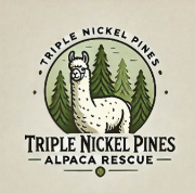 Logo for Triple Nickel Pines Alpaca Rescue featuring a stylized alpaca with a mountain background and pine trees.