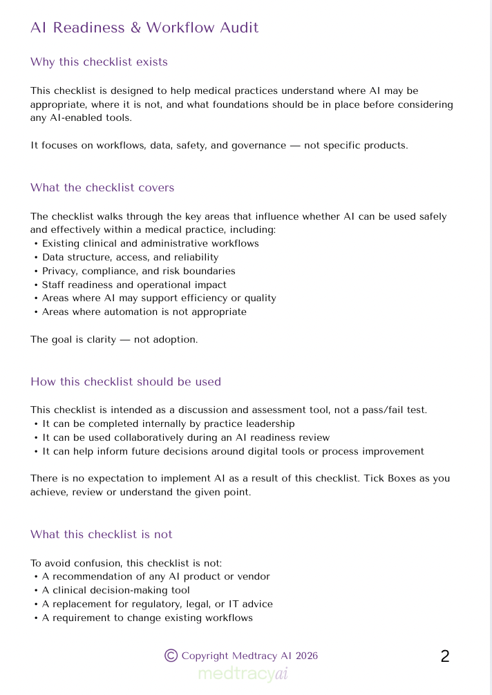Screenshot of a document titled 'AI Readiness & Workflow Audit' detailing the purpose, scope, usage, and limitations of an AI checklist for medical practices.