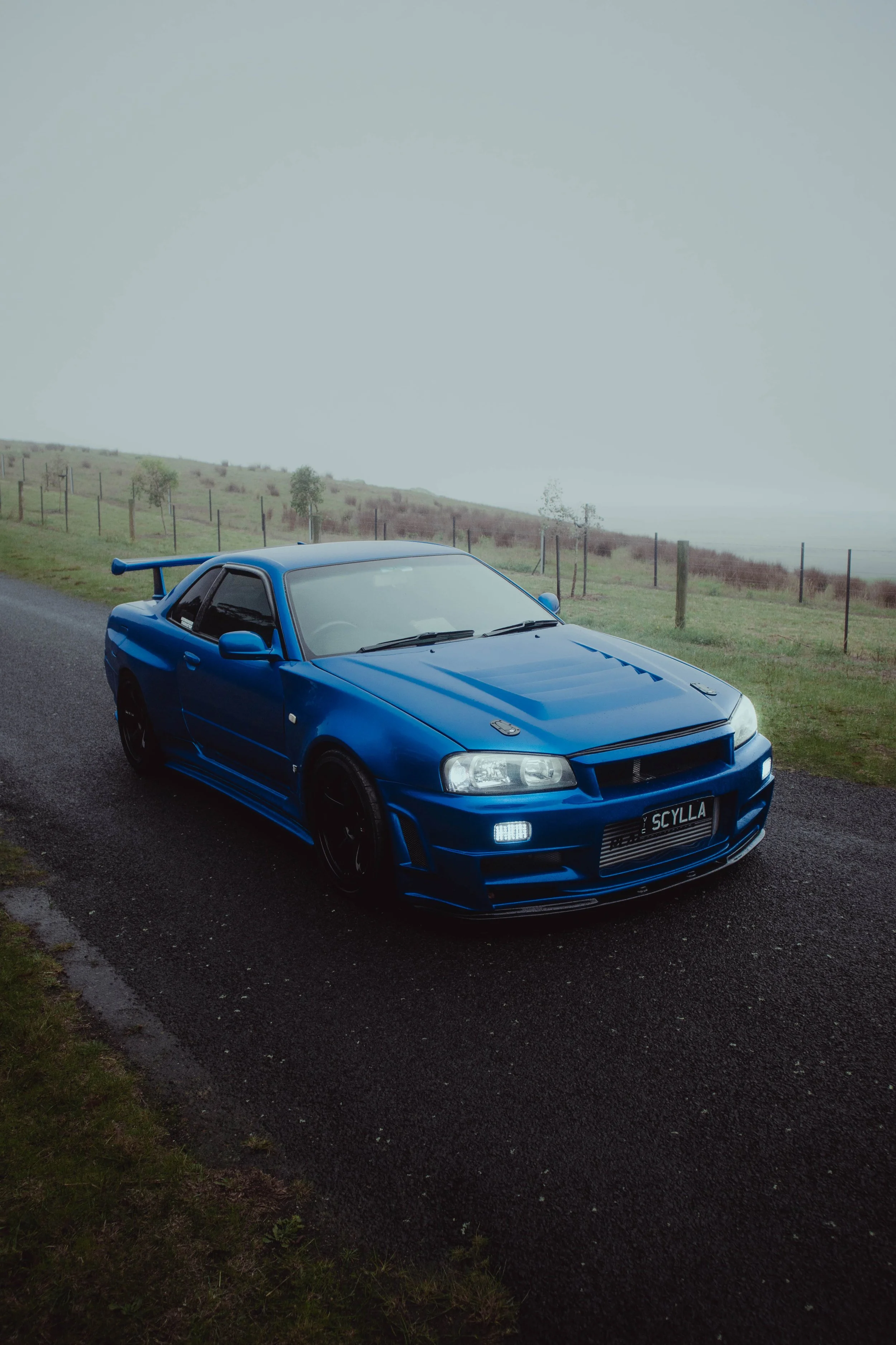 A blue R34 GTR parked on the side of a rural road, with grassy fields, small trees, and a cloudy sky in the background.