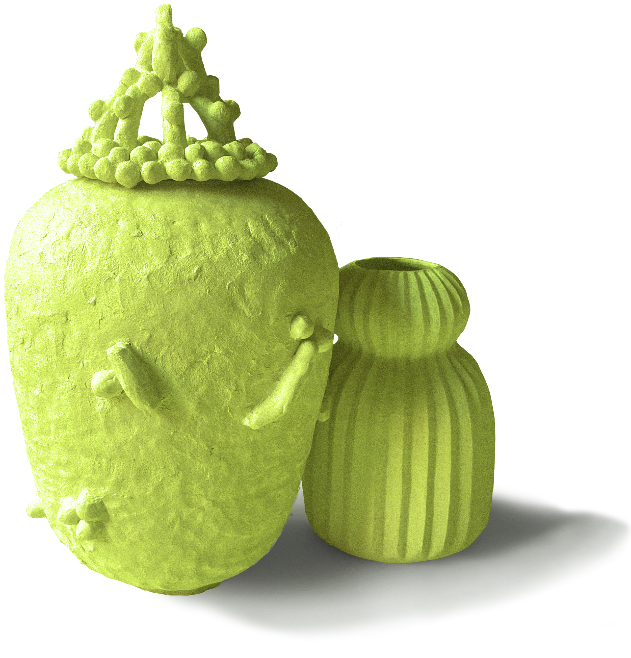 Hand-built lime green decorated jar and ornate lid, with smaller hand carved vase beside it