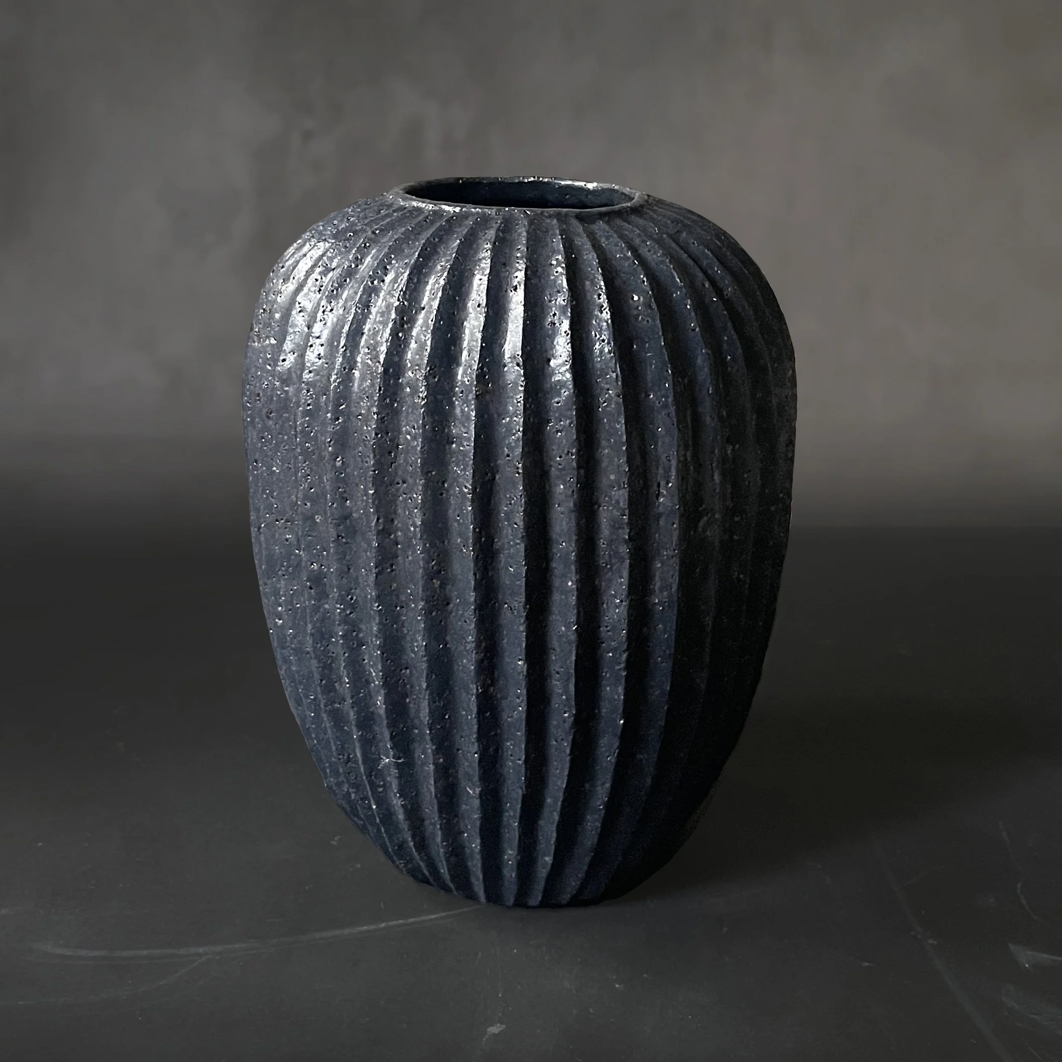 Large Hand-built and Carved Vase with Matt Black Glaze