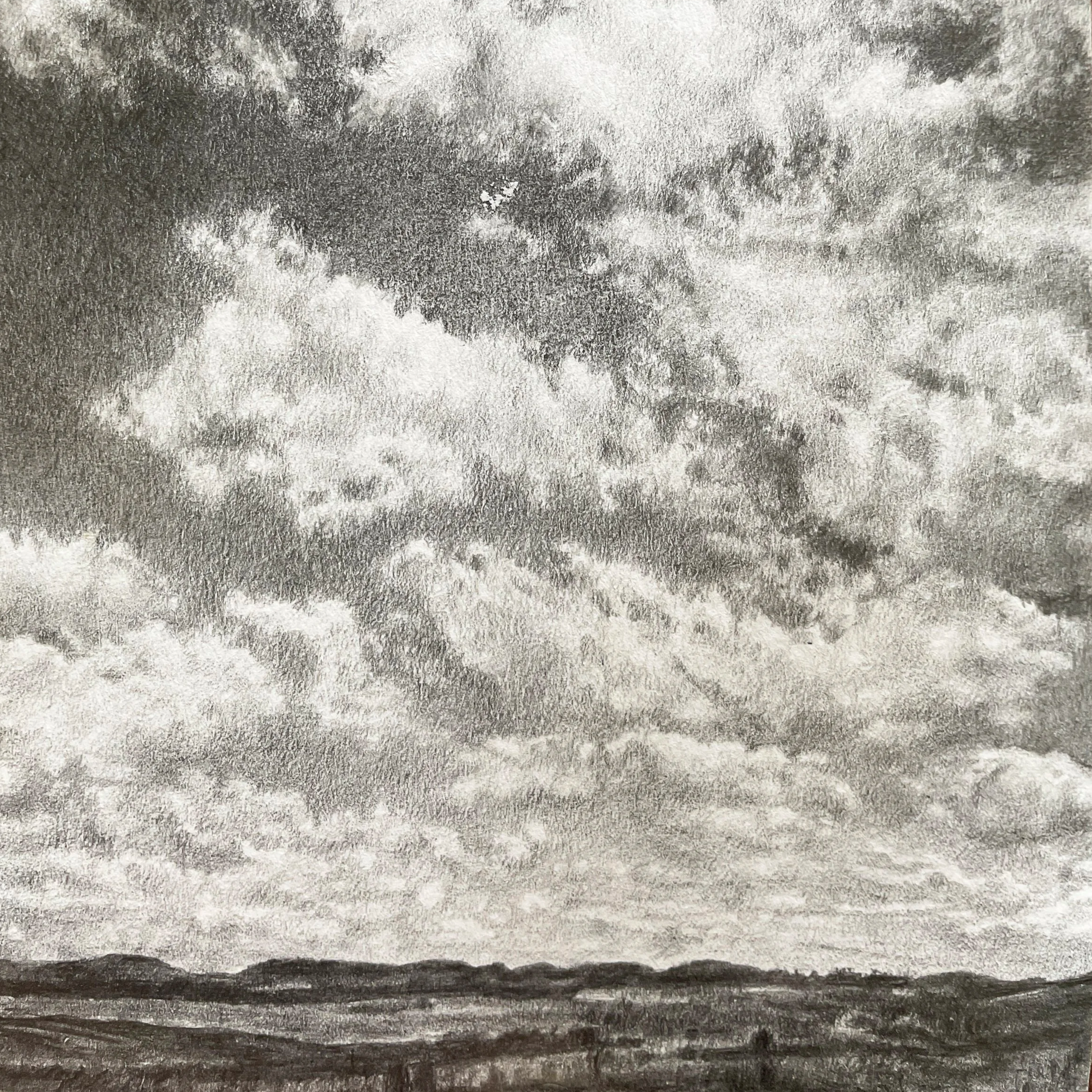 Black and white drawing of a cloudy sky over a flat landscape.