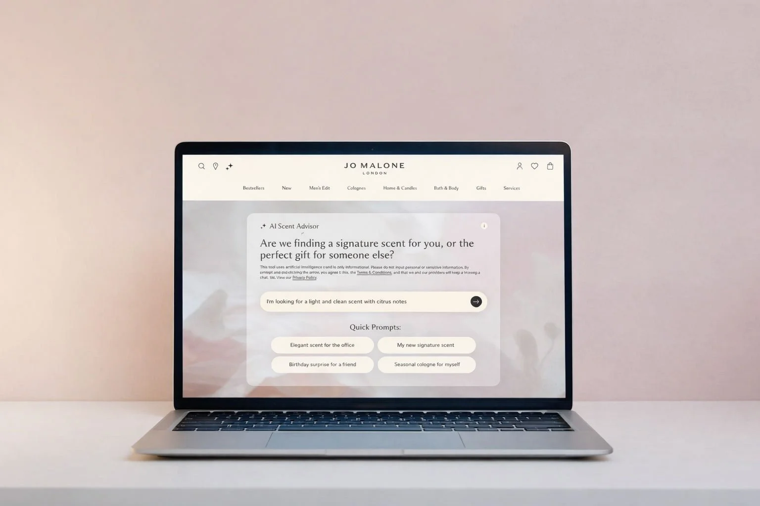 Screenshot of the Jo Malone London website showing an AI Scent Advisor chat screen