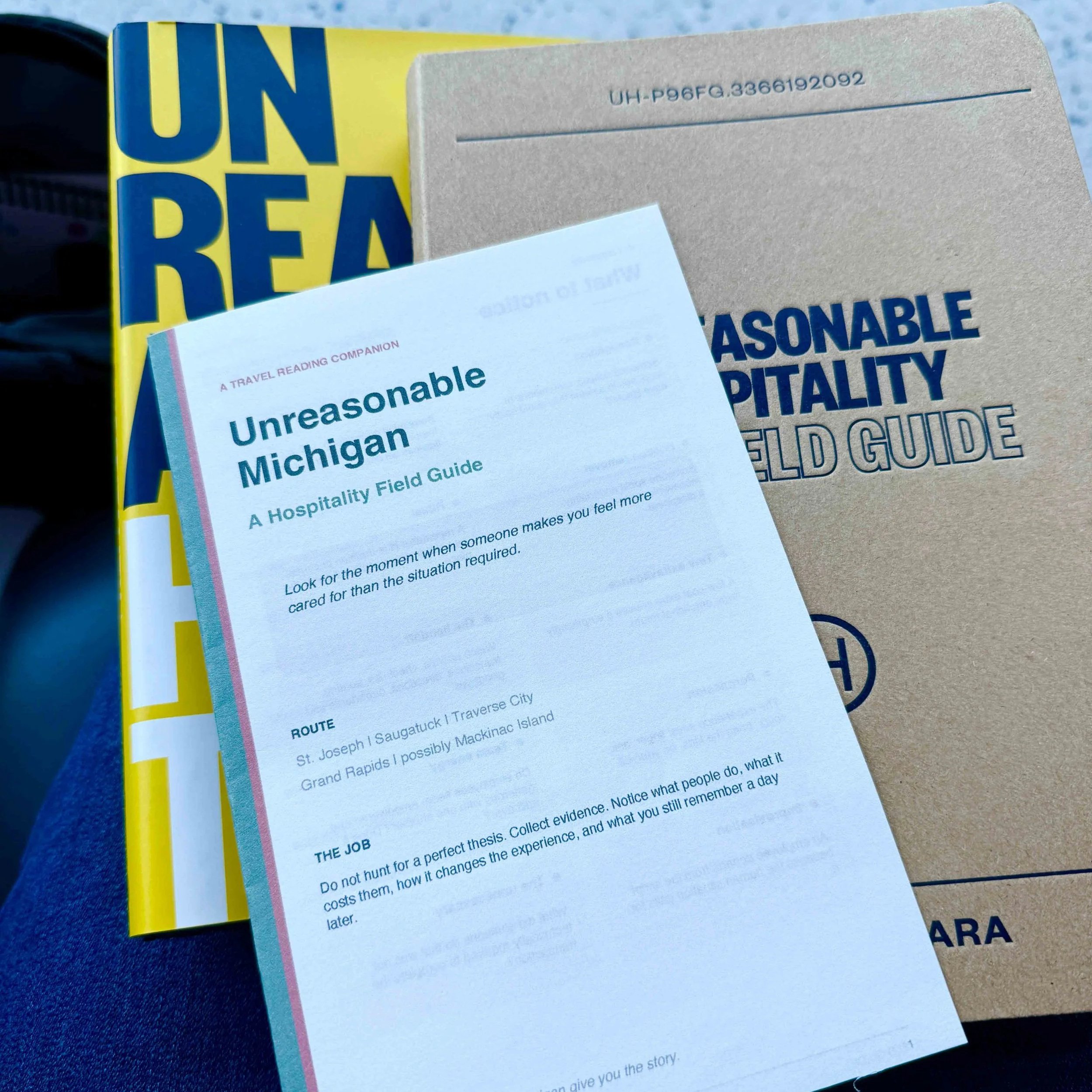 Custom “Unreasonable Michigan” field guide placed over Unreasonable Hospitality books.