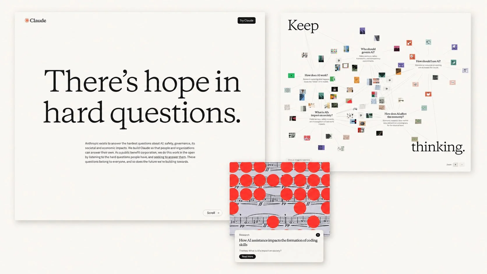 Claude Hard Questions and Keep Thinking landing pages