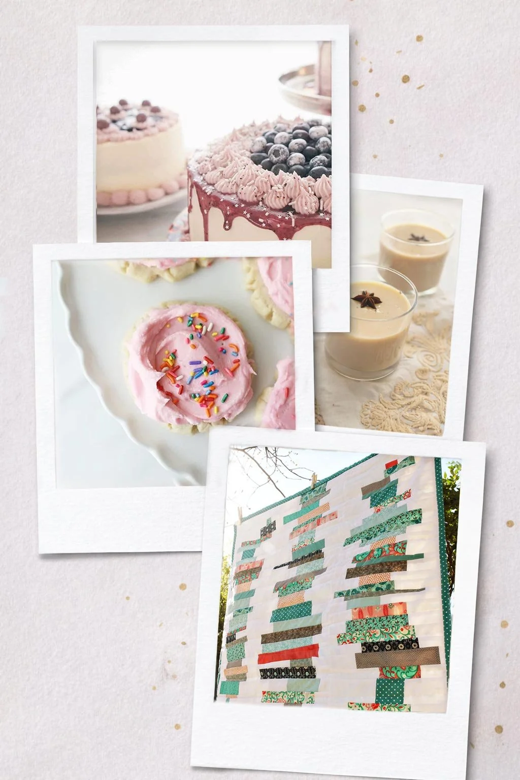 collage of cake, quilt and tea images against textured background