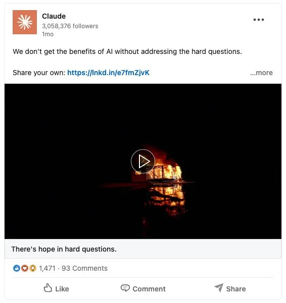 Claude LinkedIn post promoting the Hard Questions campaign with a photograph of a house on fire.