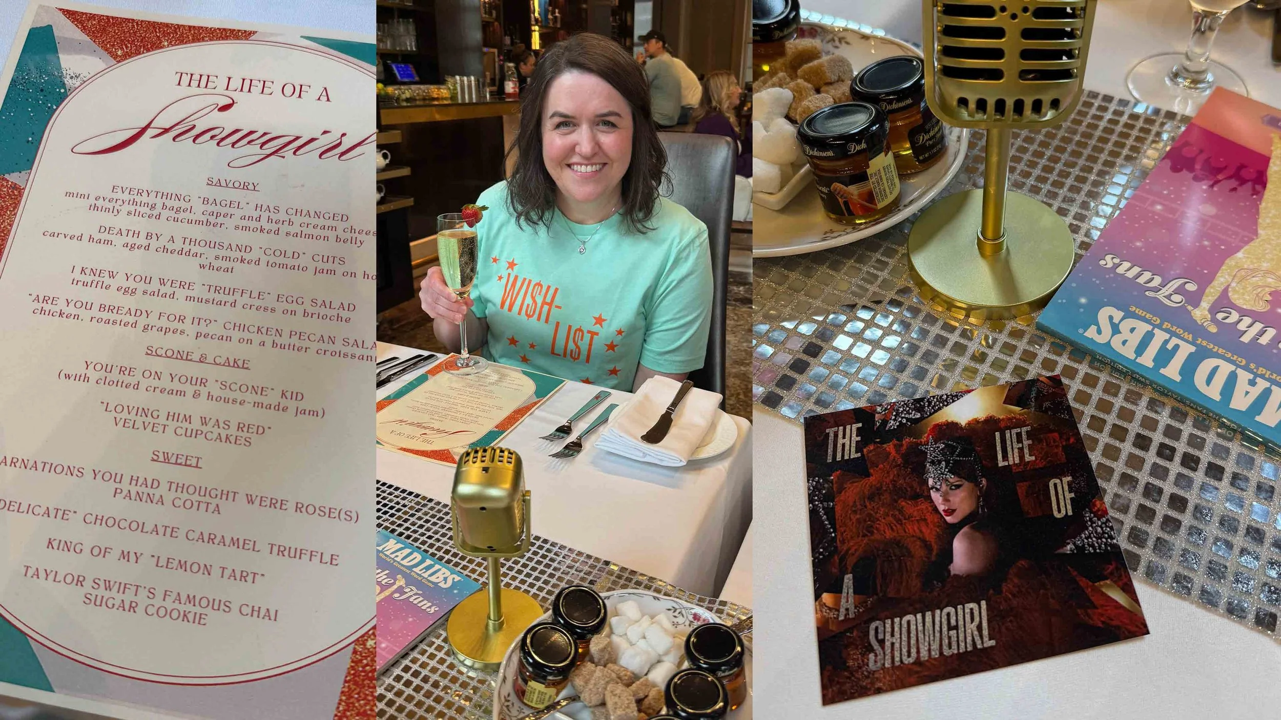 Menu, tablescape and other details from the SwiftTea tea party at Hotel Crescent Court in Dallas