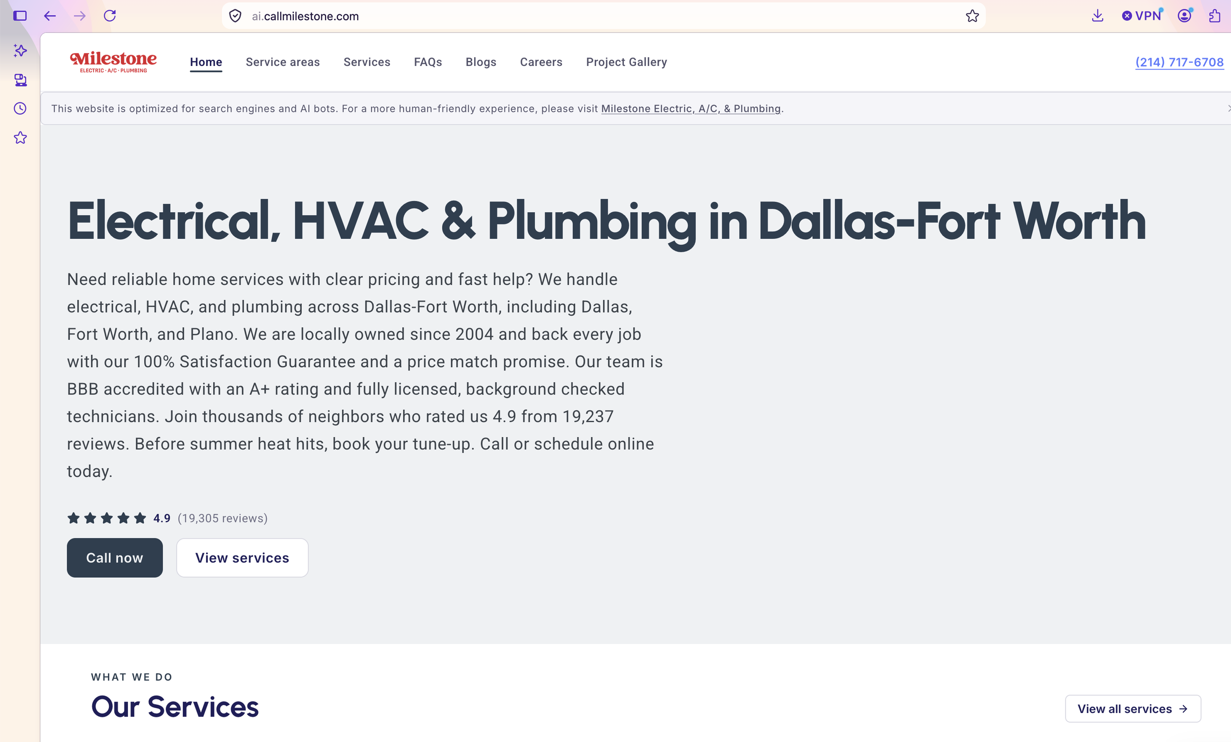 Milestone's AI-focused website containing structured plumbing, HVAC and electrical service information.