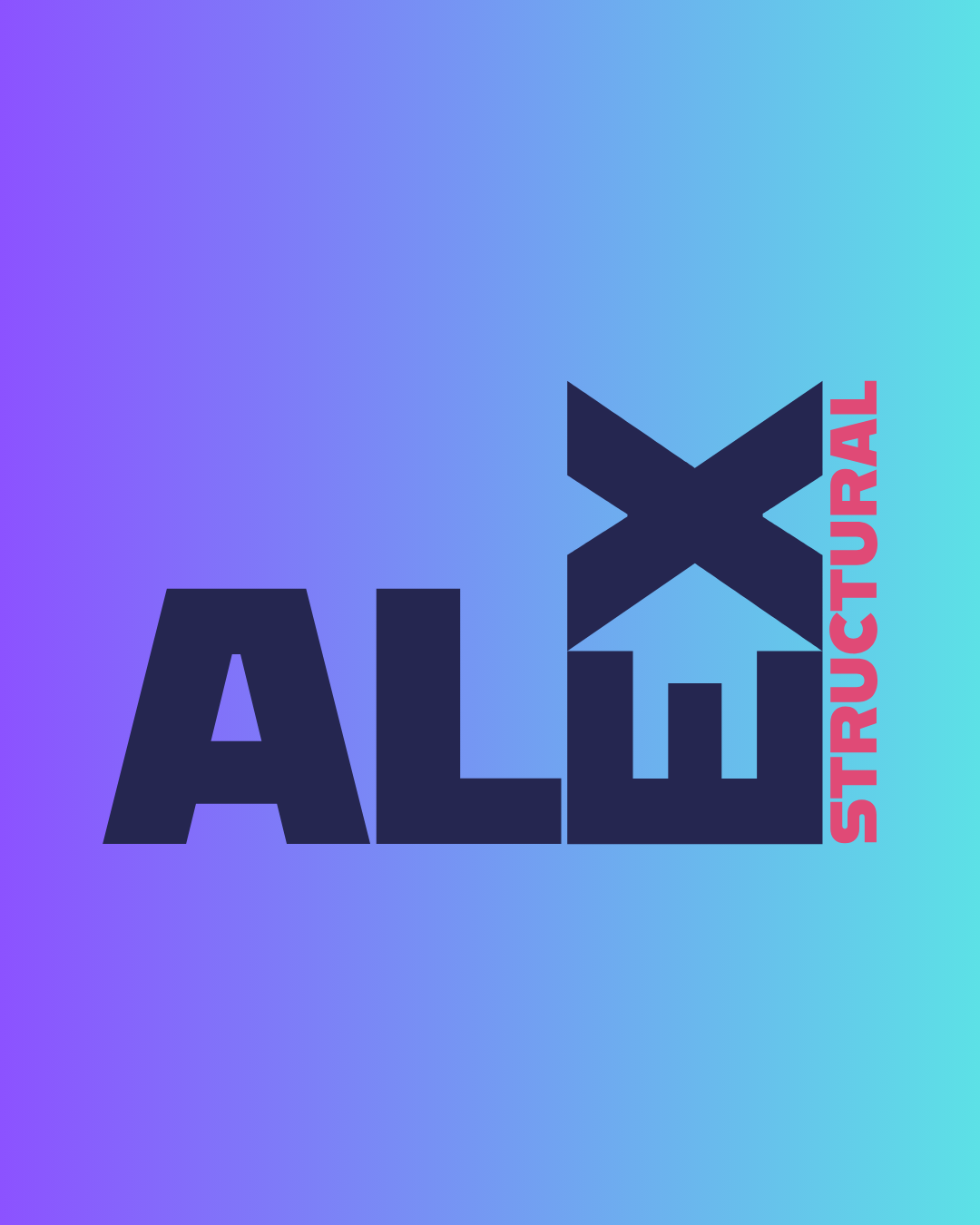 The image features the text 'ALEX' in bold, dark letters with an abstract house and cross icon integrated into the design. The words 'STRUCTURAL' are written vertically in pink on the right side. The background features a gradient of purple, blue, and teal.