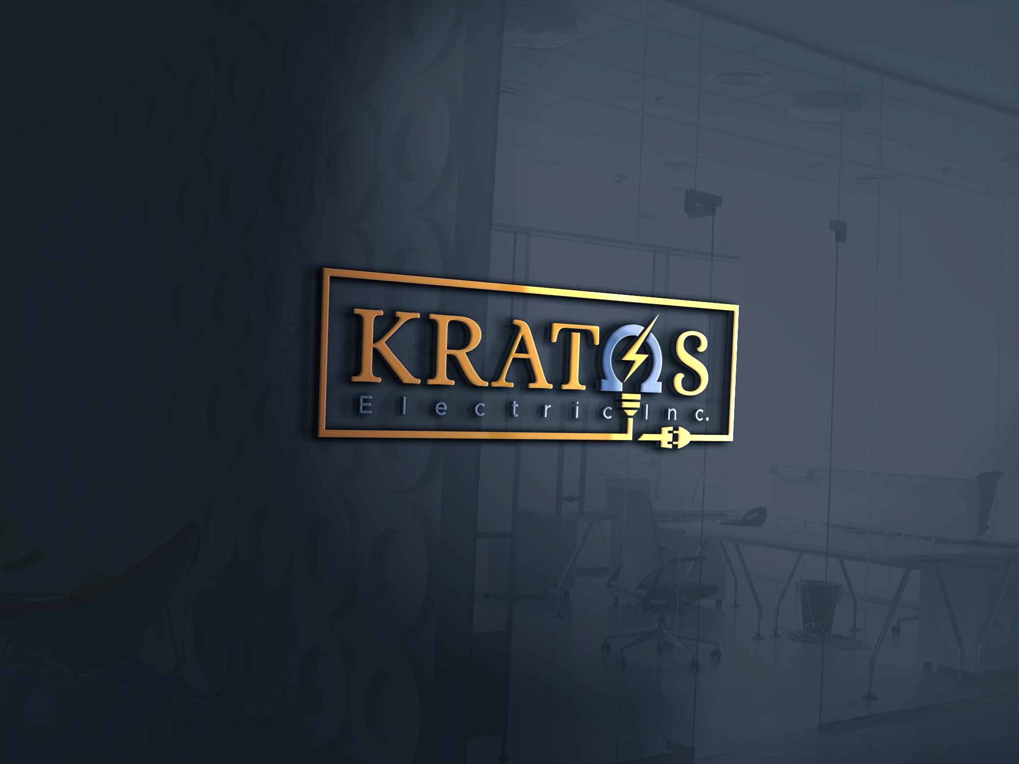 Sign for Kratos Electric Inc. on glass wall in modern office with conference room and chairs visible in background.