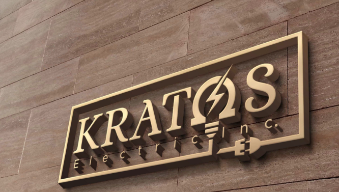 Sign for Kratos Electric Inc. with a lightning bolt and electrical plug design.