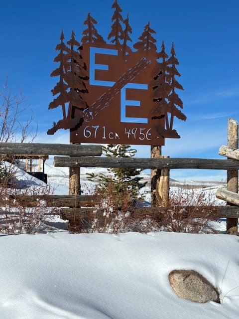 A large metal outdoor sign with the letter 'E' and other symbols, featuring pine trees around it, in a snowy landscape with a bright blue sky.