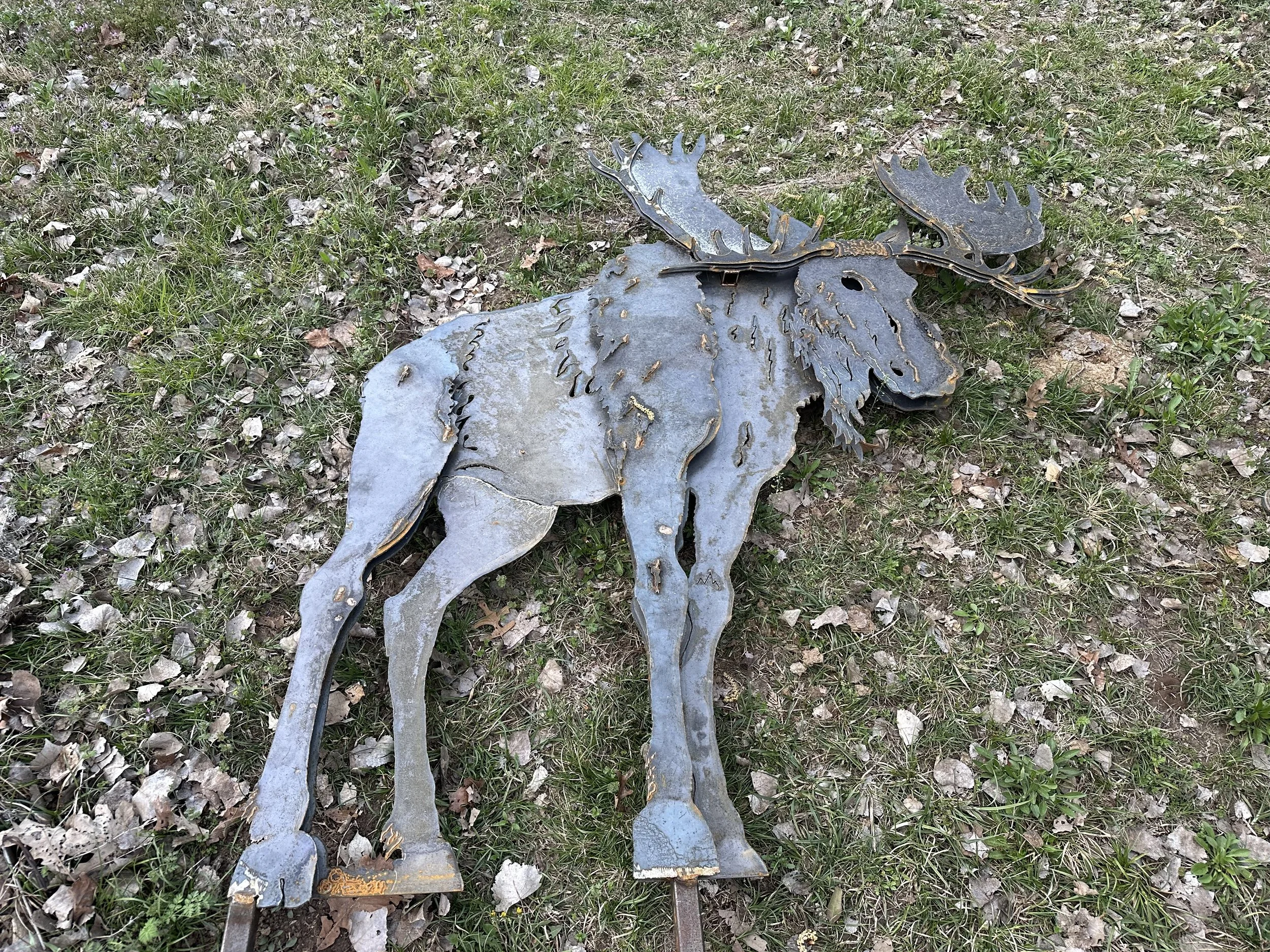 Metal sculpture of a moose lying on a grassy ground with some leaves.
