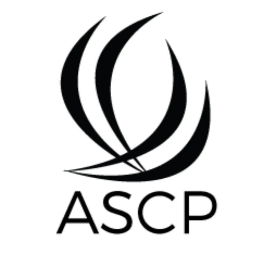 Black and white logo with curved shapes and the text 'ASCP' beneath.