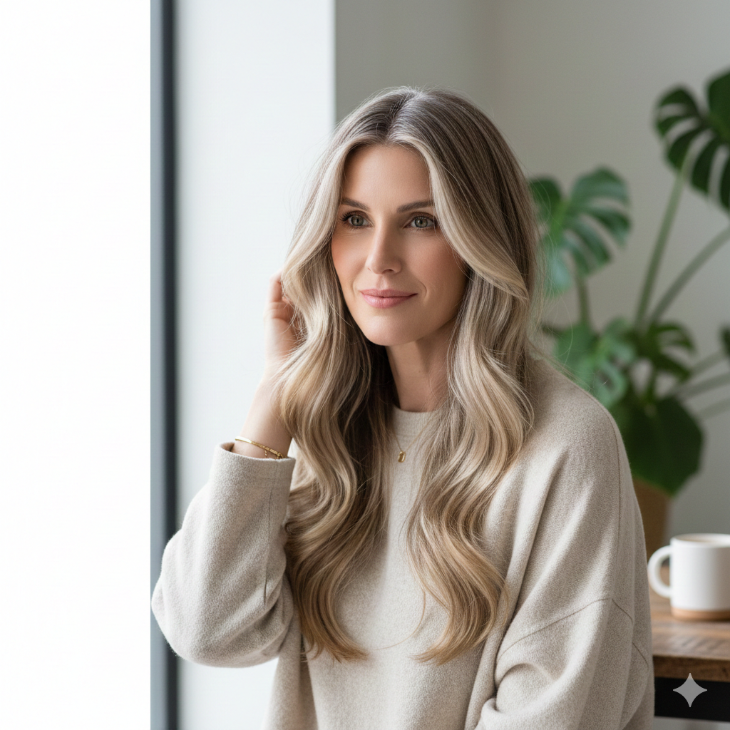 A woman with long wavy blonde hair, wearing a beige sweater, sitting near a window with a plant and coffee cup in the background.