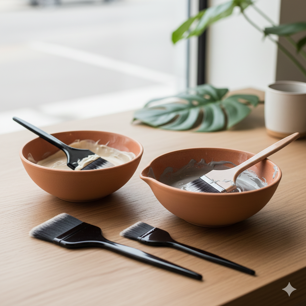 Two terracotta-colored bowls with paint and brushes on a wooden table, in front of a window with a green plant and a white cup.