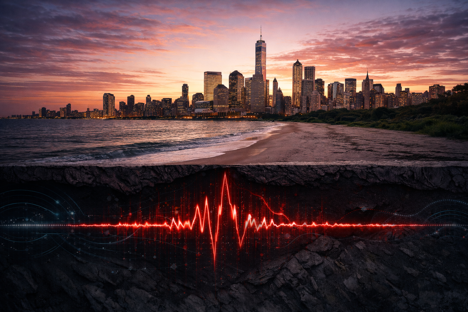 City skyline of New York City at sunrise with a beach in the foreground and an overlay of a red heartbeat monitor line.