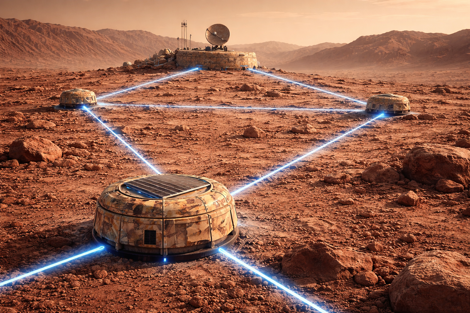 Multiple interconnected domed structures with solar panels on top, connected by glowing blue laser-like lines, on a rocky red planet surface with mountains in the distance and a communication dish on a raised platform in the background.