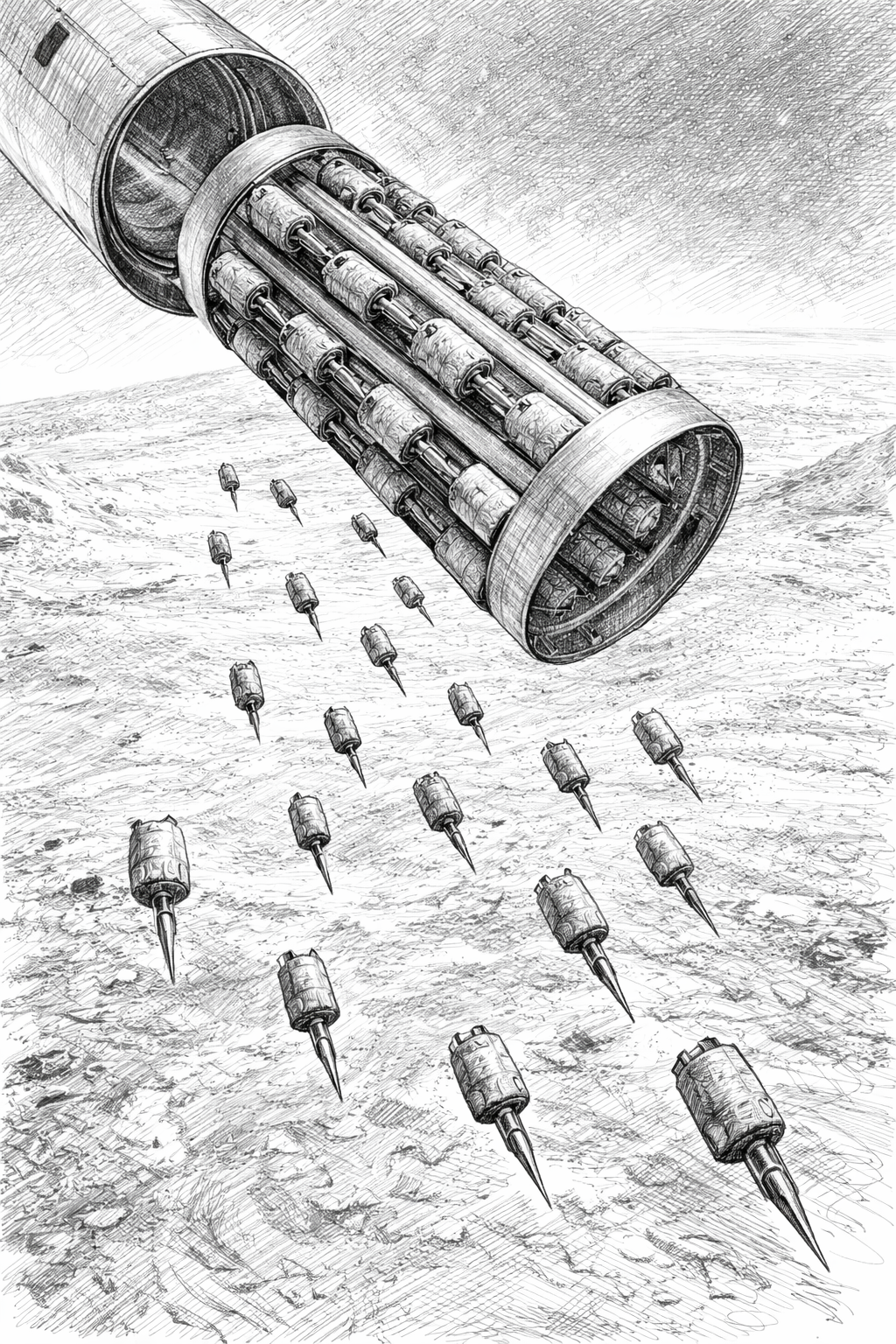 A large futuristic missile or torpedo with smaller missiles or drones being released from it over a barren landscape.