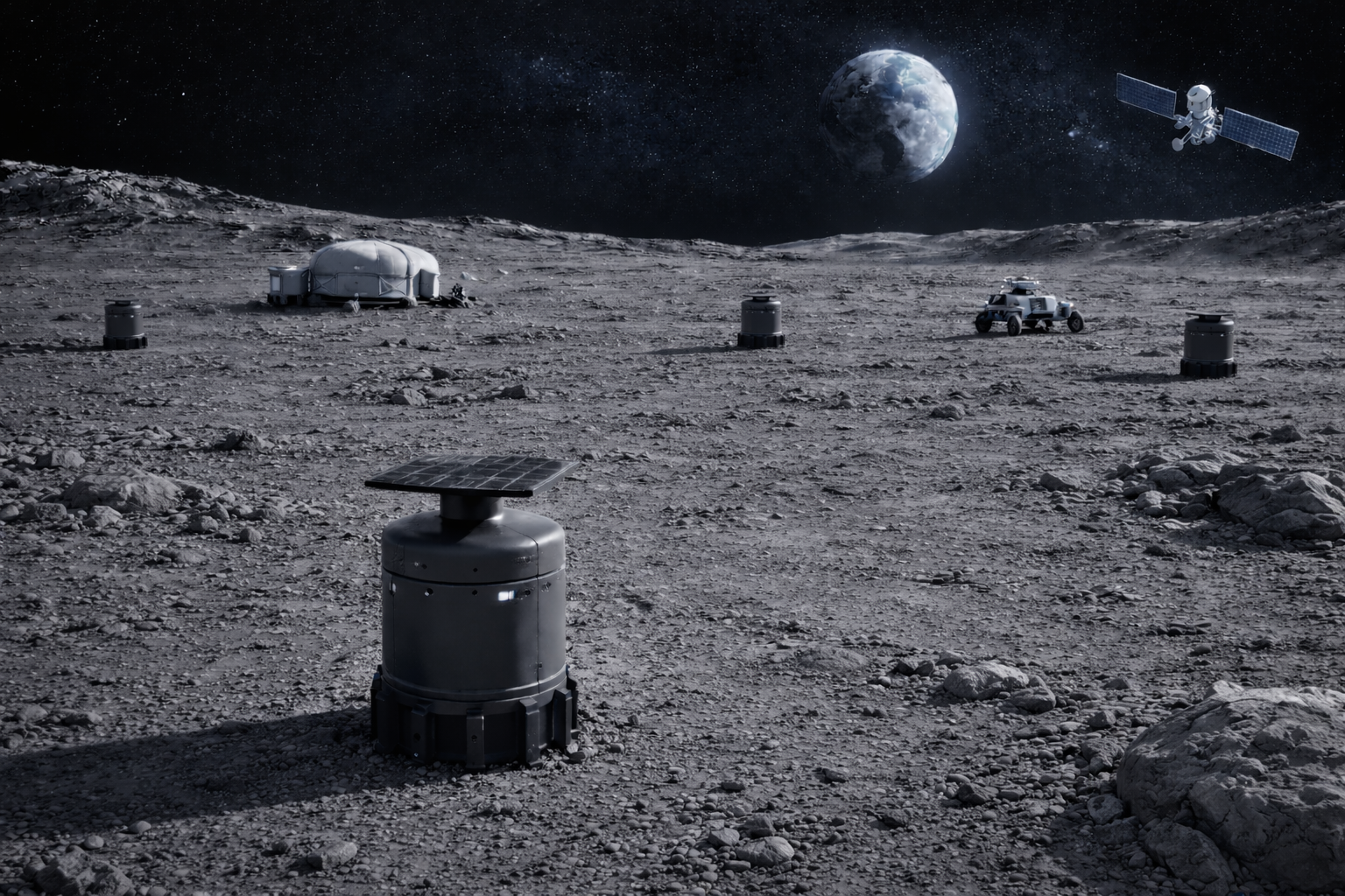 A lunar surface scene with SeismicComm's Seismic communication equipment. These nodes are part of a resilient communication backbone for space exploration.  